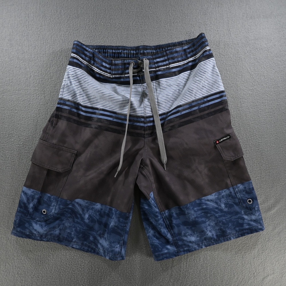 Airwalk Mens Cargo Board Shorts Medium Blue Gray Striped Marble Swim Trunks